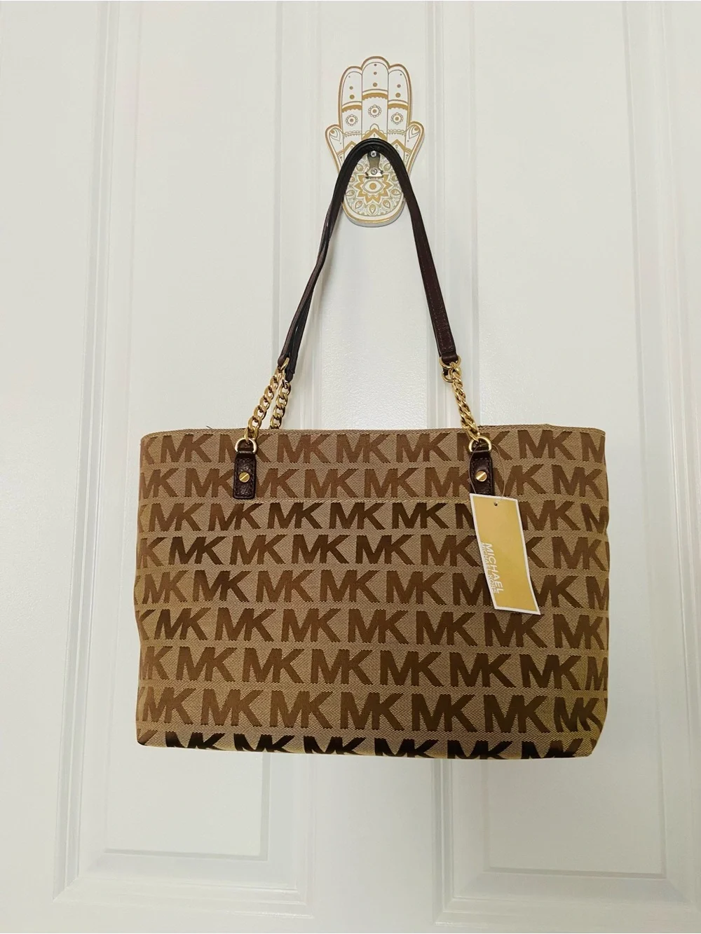 Michael Kors Tan and Brown Signature MK Tote with Gold Chain Straps